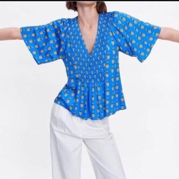Zara Blue Pineapple Blouse Top, S - Picture 1 of 8